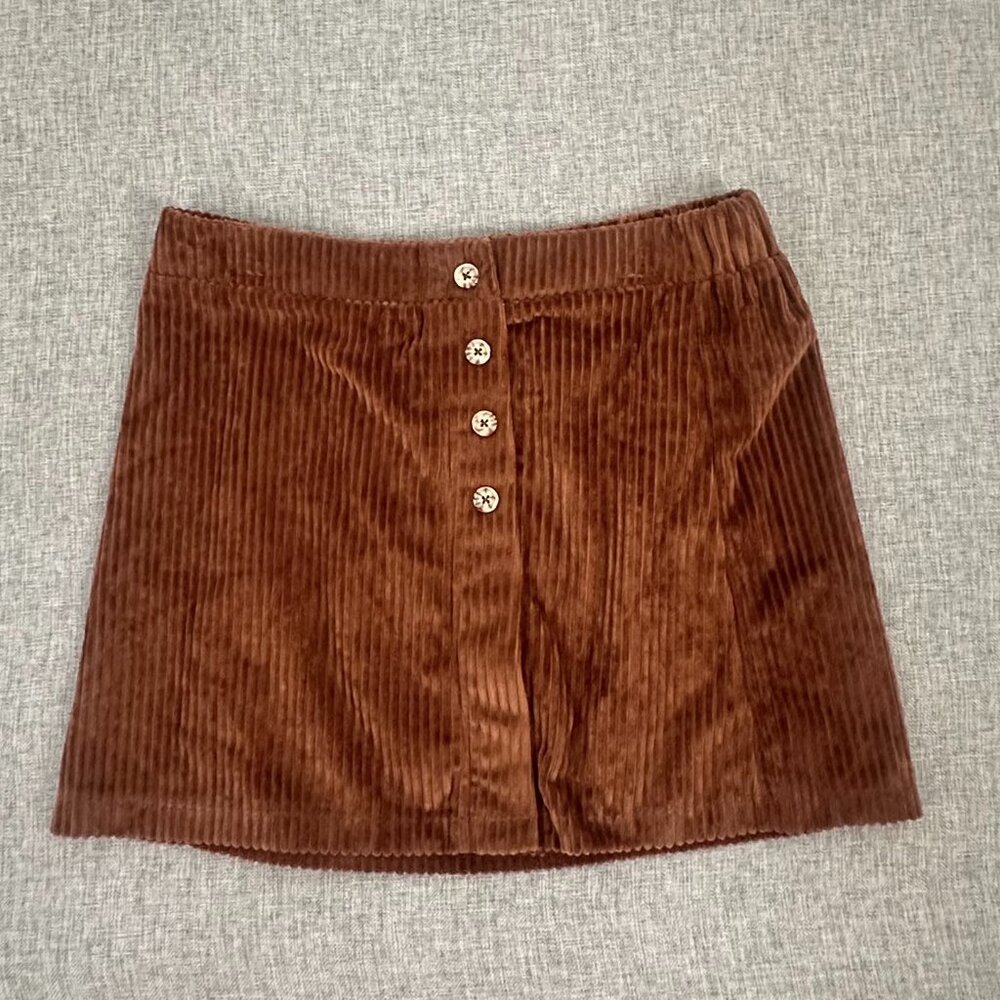 Belle Du Jour Corduroy Mini Skirt Girls Large Brown Buttons Polyester Elastic Wa
